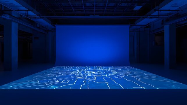 A dark blue room with a glowing blue city map on the floor