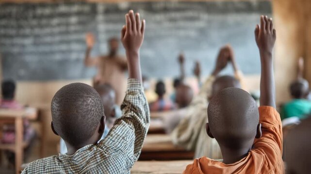 Elementary school student kids raising hands 