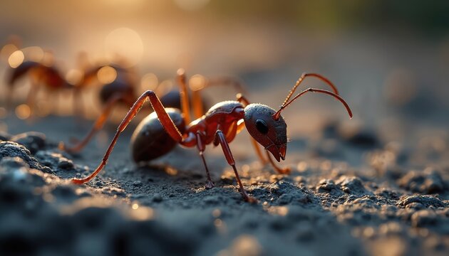 Macro view of ants on rough ground. Tiny insects crawl across textured soil. Close up detail shows small creatures working together in nature.