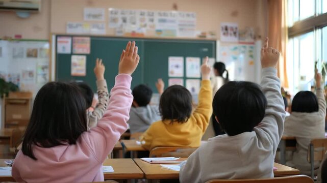 Elementary school student kids raising hands 