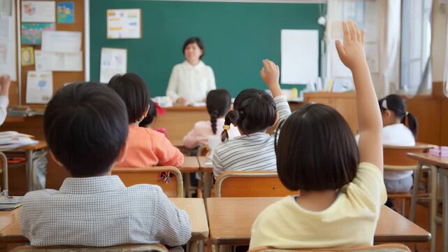 Elementary school student kids raising hands 