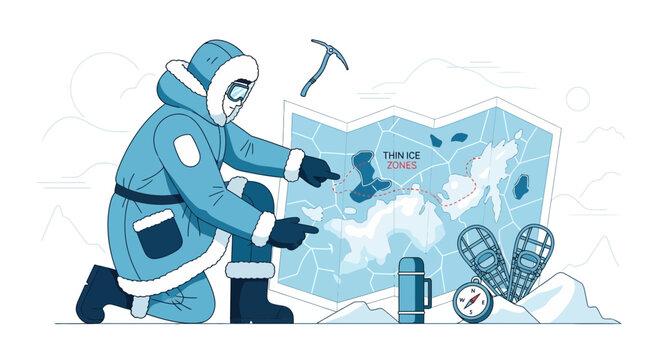Arctic Explorer Planning Expedition Over Thin Ice Zones Map