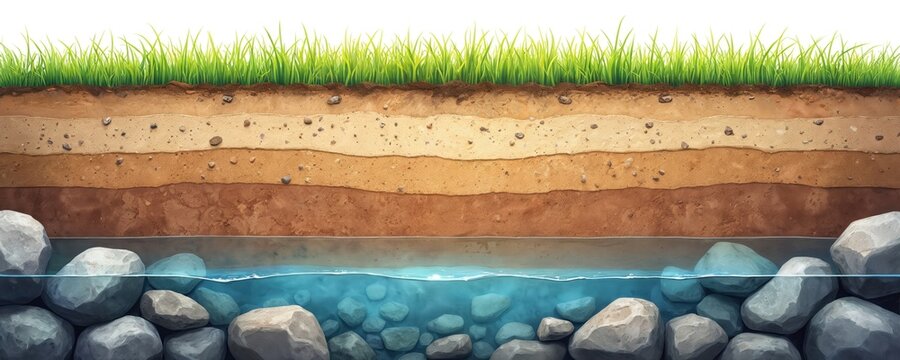 Cross section showing grass, soil layers, and water with rocks. Earth strata, ground composition, and aquatic elements are visible. Illustration for geology, nature, and agriculture themes.