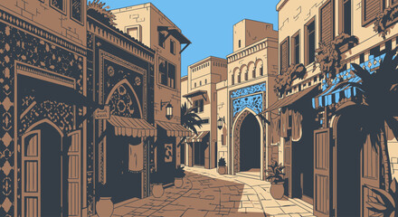 Naklejka premium Middle Eastern architecture old city street desert town