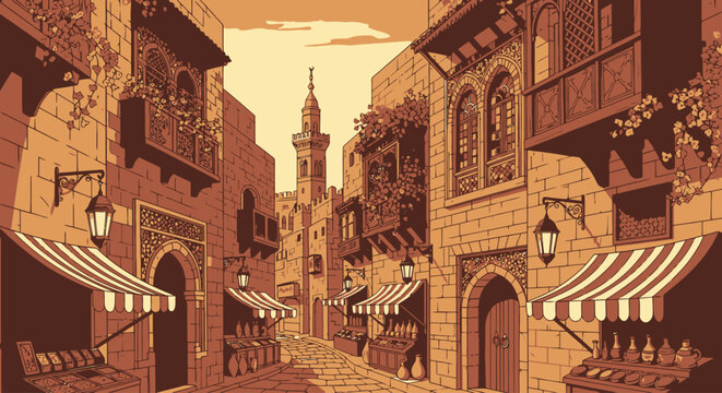 Middle Eastern old town street with mosque and shops