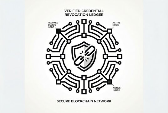 Secure blockchain network diagram showcasing verified credential revocation ledger with active and revoked status nodes representing decentralized trust and identity validation frameworks