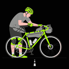 Naklejka premium Athlete Preparing Gravel Bicycle for Expedition Adventure
