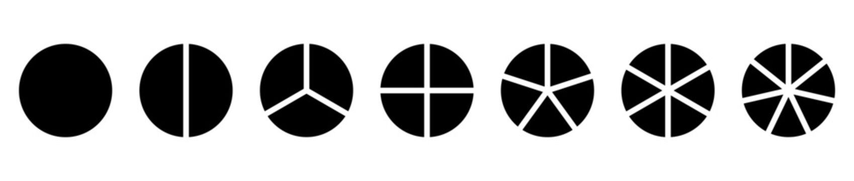 Circle division on 1 2 3 4 5 6 7 black equal parts. Infographic minimalist icons set. Coaching blank mockup. Pizza, pie chart layout. Wheel round divided diagrams from one to seven segments