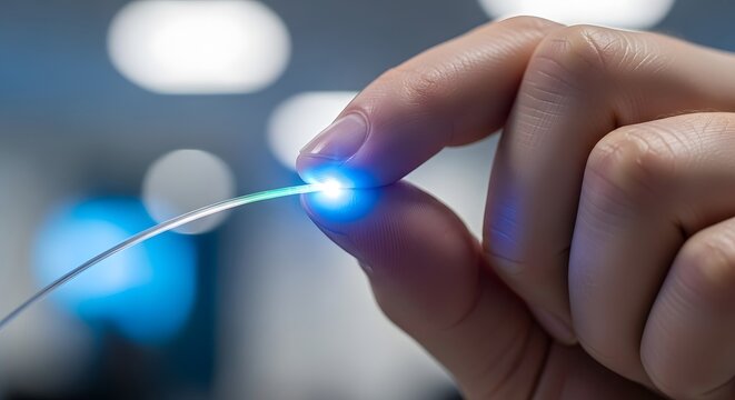 Close-up of Hand Holding Fiber Optic Cable with Glowing Blue Light Representing High-Speed Internet and Data Transfer Technology