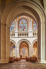 Fototapeta premium Saint Corentin Cathedral Interior Arches Pillars Stained Glass Quimper