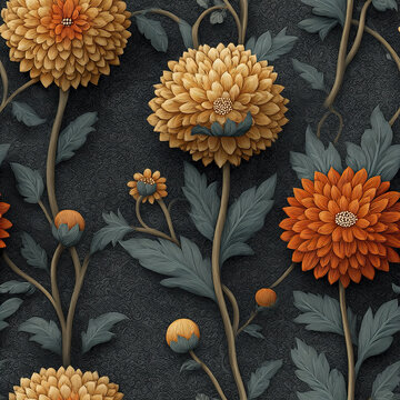 Vintage floral wallpaper with detailed orange and yellow flowers and blue green leaves on dark textured background, creating elegant and classic aesthetic design