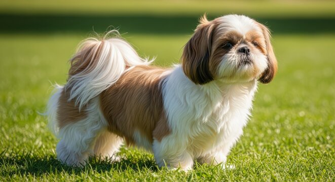 Shih Tzu dog with long silky coat and cute appearance, small companion breed known for friendly and gentle personality.