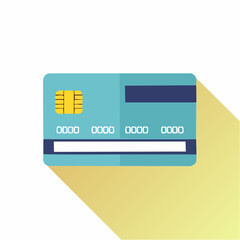 Fototapeta premium Flat design illustration of a credit card with a chip and shadow on a white background.