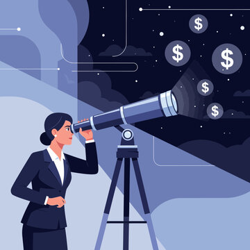 Businesswoman Observing Financial Growth Through Telescope Against Starry Sky