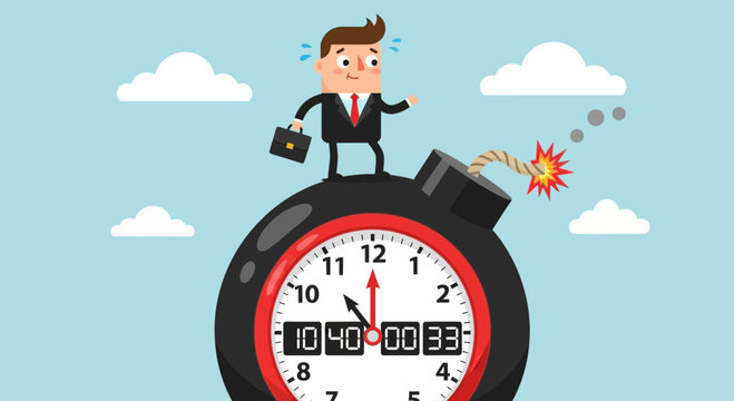 Businessman On Exploding Clock Represents Deadline Pressure And Urgency