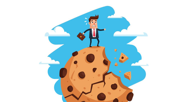 Businessman Precariously Perched On Crumbling Chocolate Chip Cookie