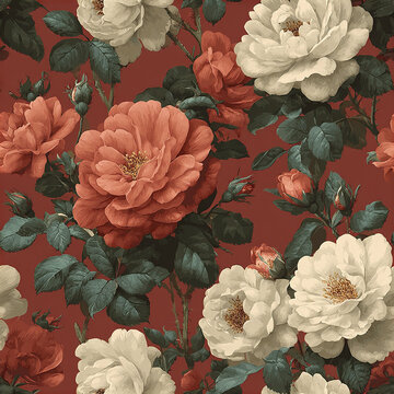 Vintage rose wallpaper with elegant white and coral flowers and green leaves on warm terracotta background, creating refined and classic floral aesthetic
