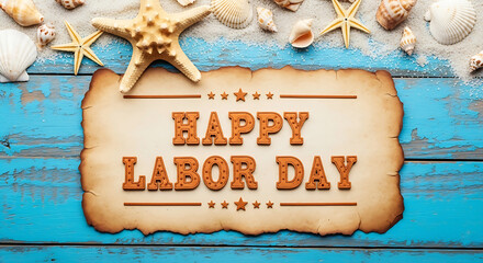 Happy Labor Day message on parchment with seashells and starfish on blue wooden background