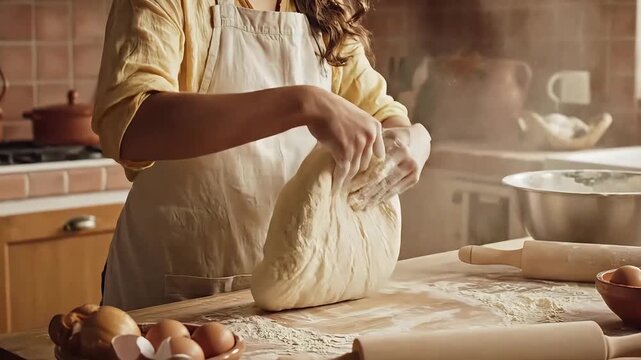 Woman Kneading Dough in Rustic Kitchen, Homemade Bread Baking 4K Video