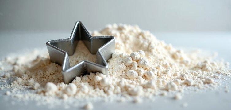 Metallic star cookie cutter sits on pile of baking flour. Ready for making sweet desserts, cakes or cookies. Preparation for homemade pastry in kitchen.