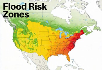 Naklejka premium Comprehensive Analysis of North American Flood Risk Zones Highlighting Geographic Vulnerability and Climate Impact on Urban Planning and Wellbeing
