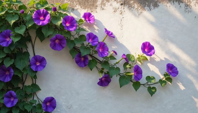 Purple morning glory flowers grow on old stone wall. Green vines with leafy foliage spread across textured surface in sunlight. Blooms open towards light.