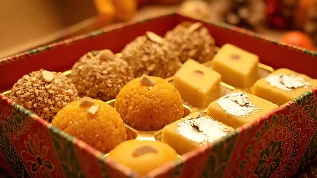 Assortment of Indian Sweets in a Decorative Box.