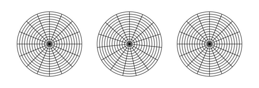 Polar grid of 14 segments and 12 concentric circles, 15 segments and 12 concentric circles, 16 segments and 12 concentric circles. Black blank of graph paper.