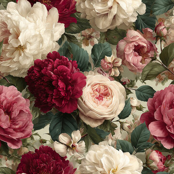 Romantic floral pattern with large blooming roses and peonies in shades of red, pink, and cream, surrounded by lush green leaves, creating vintage elegant backdrop