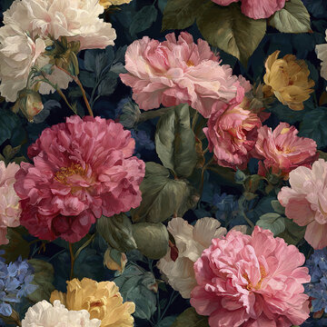 Floral pattern with large pink, white, yellow, and blue flowers and green leaves on dark background, creating romantic and elegant botanical design for decorative use