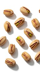 Fototapeta premium Pistachios on White - A Close-Up of Shelled Nuts.
