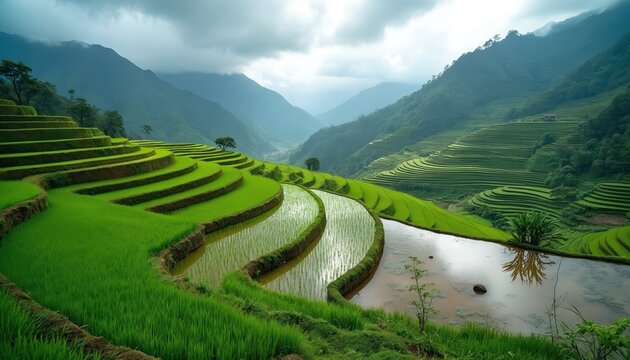 Vast green rice terraces cascade down mountainsides under a cloudy sky. Water fills the sculpted paddies reflecting the dramatic natural scenery. Lush vegetation covers the landscape.