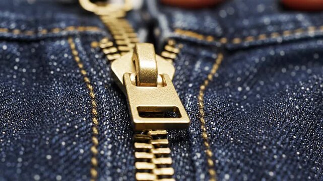 Close Up of a Gold Zipper Being Undone on Blue Denim Fabric