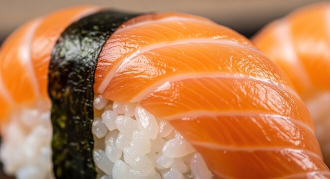 Salmon Sushi Nigiri Closeup Japanese Cuisine.