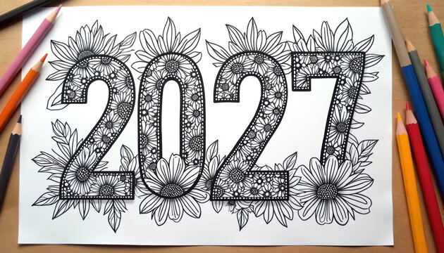 Blank 2027 coloring page features floral patterns and leaves. Outline drawing offers creative fun activity for adults and kids. Use crayons or markers to add color.
