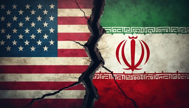 American and Iranian flags split by deep crack. Represents international tension conflict and divided relations. Symbolizes political disagreement and foreign policy challenges.