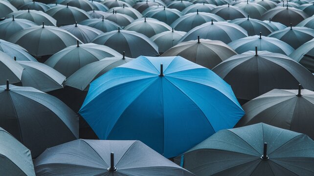 A single bright blue umbrella standing out among a massive crowd of dark grey umbrellas representing unique leadership and individualism concept