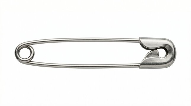 Shiny metallic safety pin, a classic and essential fastening tool, isolated horizontally on a clean white background, symbolizing security and practicality in everyday use and crafting