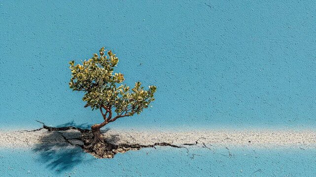 Resilient tree emerging from structural crack symbolizing adaptive mindset strength and long term resilience pathway.