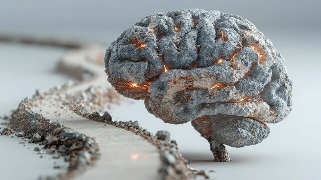 Stone brain rooted beside winding pathway symbolizing enduring mindset resilience and steady progress through challenges.