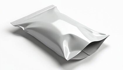 Fototapeta premium Glossy white stand-up pouch with tear notch. Empty flexible packaging bag isolated on white background. Suitable for food, snacks, coffee, or powder products.