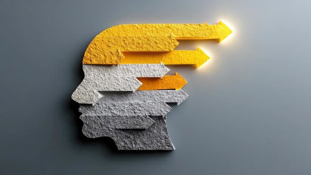 Layered stone head transforming into forward arrows illustrating structured mindset reset strategy and directional change.