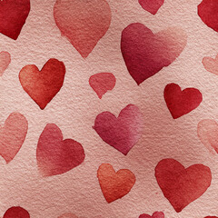 Fototapeta premium Romantic red and pink heart pattern watercolor illustration with soft textured background creating warm and loving atmosphere perfect for Valentine Day or love themed designs