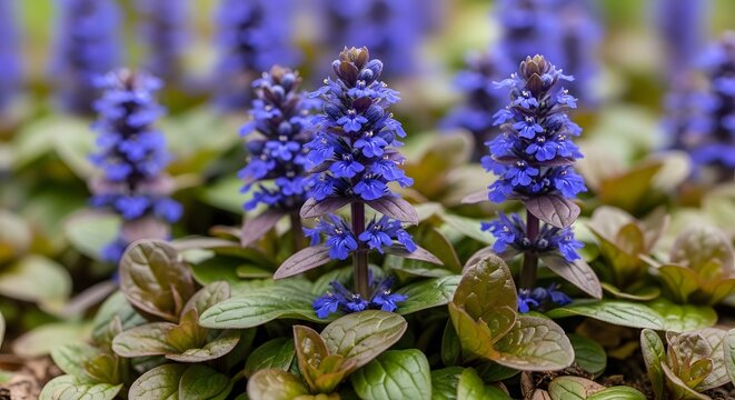 Closeup of Blooming Ajuga Reptans Flowers in a Garden Setting.