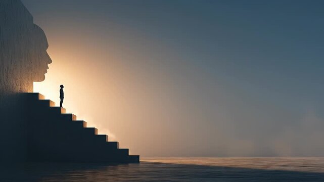 Monumental staircase leading toward human mind structure symbolizing strategic mindset reset and stepwise transformation journey.