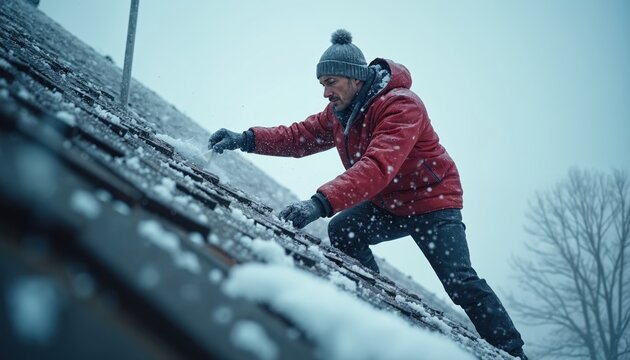 Man cleans snow from steep house roof during blizzard. Person wears warm clothes, works carefully on icy surface. Winter storm danger, safety measures needed for task.