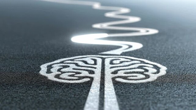Brain symbol transforming into winding road illustrating structured progress roadmap and goal oriented thinking journey.
