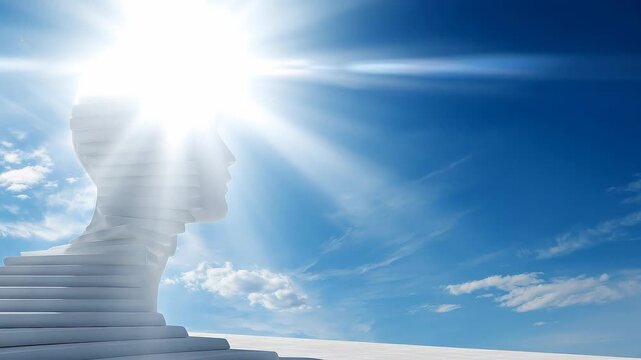 Staircase head structure rising toward radiant sky symbolizing long-term mastery progression and intellectual elevation.