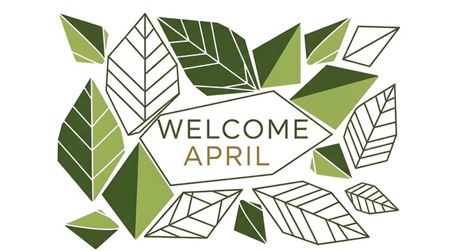 Welcome April spring floral wreath with fresh green leaves and geometric shapes