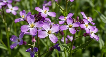 Obraz premium Closeup of delicate purple flowers blooming in a lush green garden on a sunny day.